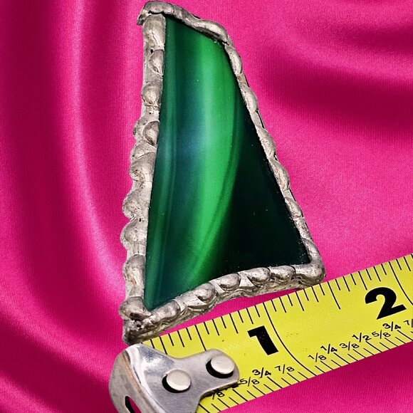 VTG Handcrafted Green Art Brooch 1970s Modernist Silver-Tone Artisan Pin - Picture 8 of 10